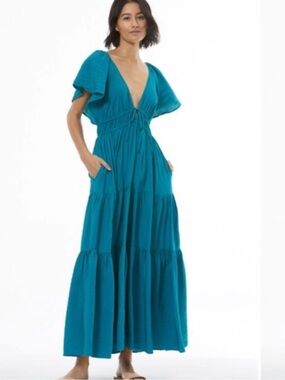NWOT Young Fabulous & Broke Teal Bohemian V-Neck Tiered Maxi Size S